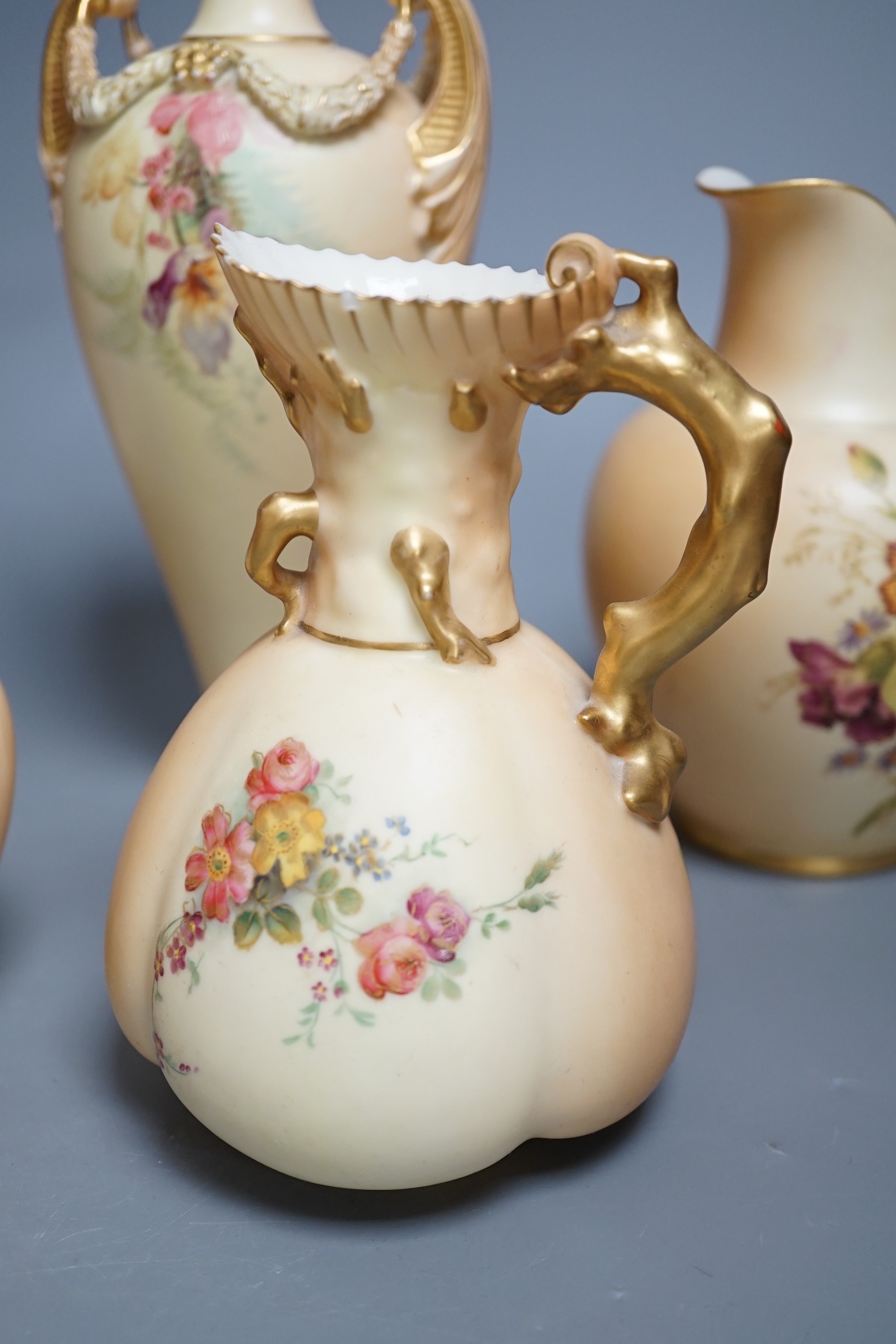 A Worcester blush ivory - a bottle vase and 3 jugs, tallest 27cms high